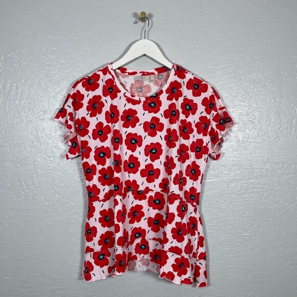 LOGO Lori Goldstein Women M Red Pink Floral Poppy Print Flutter Sleeve Shirt - Picture 1 of 11